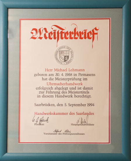 Meisterbrief von Michael Lehman ausgestellt von der Handwerkskammer des Saarlandes